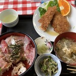 海の里食堂 - 食べかけの海鮮丼定食700円+鰺フライ単品400円