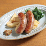 Homemade sausage and potato frit with grain mustard