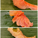 寿司処 やまざき - おまかせ７０００円。金目鯛、のどぐろ炙り、赤貝。出だしから豪華なラインナップです。金目鯛が特に良かったです（╹◡╹）（╹◡╹）