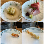 天ぷら新宿つな八 - 磯波５８３０円。養老羹、刺身盛り合わせ、車海老頭、車海老。お刺身は、鯛、ぶり、鮪の三点盛りです。質も切り口も上等な品です（╹◡╹）、車海老、とーっても美味しくいただきました（╹◡╹）（╹◡╹）