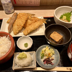 京ばし松輪 - アジフライ定食+海鮮漬け小鉢+柚子胡椒