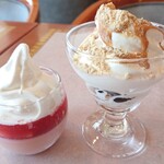 ブッフェレストラン トップ オブ ミヤコ - 苺プリンにソフトクリーム♪黒豆きなこパフェ2つ目キャラメルソース追加