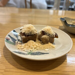 四谷 うえ村 - 鮟肝、奈良漬に最中をかけて。あ、鮟肝最中ってことか！