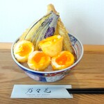 Tenpura Nonoka - 『室伏天丼』(いか￥120、半熟たまご￥120×2、なす￥90、かぼちゃ￥90、ごぼう￥90、しん玉￥90)たれかけ御飯(大盛)￥250　合計￥970