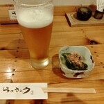 Monzennakachou Rakkyou - お通し(甘長しし唐の煮浸し)500  生ビール650