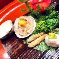 草喰 なかひがし - ✽ 貝あわせで蛤の飯蒸しで上には乾燥させた金柑、下敷きの山葵の葉で巻いても良い、つくしも見えます。魦（イサザ）琵琶湖の希少な在来種です。頭芋（里芋の親芋）に一寸豆入と辛子で芽吹きを表現。