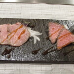 Koube Teppan Suteki Iwasaki - 本日のオードブル～黒毛和牛ヒウチとマルのローストビーフ二種食べ比べ
