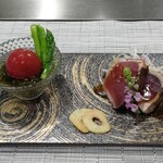 Koube Teppan Suteki Iwasaki - 本日の二種アミューズ～モズクとミニアスパラガスとミニトマトのマリネ&カツオのたたき