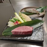 Koube Teppan Suteki Iwasaki - 神戸ビーフ ヒレ 本日の一品焼き～桜鯛とルージュ海老を選択
