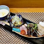 Genkai Zushi - ジャガイモのポタージュ・米茄子の田楽・合鴨のハニーマスタードソース・貝柱の揚げ春巻き