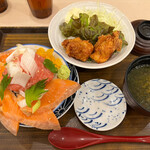 Tsukiji Shokudou Genchan - サーモンネギトロ丼と唐揚げセット
