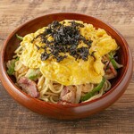 Iberian pork spaghetti with spicy mentaiko topped with fluffy scrambled eggs