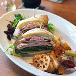 Roast pastured pork and apple panino with gorgonzola sauce