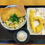 丸亀製麺 - きつねうどん￥490＋いか天￥140＋かぼちゃ天￥110＋温たま￥80(税込)