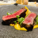 HAGI - ⑫【経産牛】※
      ★ 13年モノの経産牛サーロイン、2時間焼きの馬鈴薯、人参のピューレ