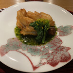 おかもと - ❶あいなめ、ゴボウの揚げ物、菜の花、あおさ海苔の餡掛け