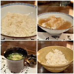 たでの葉 - 筍ご飯
      大阪の筍ご飯に木の芽がとても良い香りです。
      一膳目はそのまま。
      二膳目はぼたん鍋のすっぽん出汁にとろみをつけて餡かけに。
      三膳目は筍ご飯そのままをいただきました。