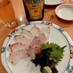 金沢能登直送 食堂お魚や - こしょう鯛刺身 800  瓶ビール中瓶 700