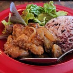 Yajikko KITCHEN - メイン。茄子と肉の甘酢ソテー、雑穀ご飯、サラダ。