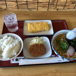 八幡食堂 - うどん200円＆ごはん180円＆玉子焼き200円（紅生姜入り）＆コロッケ110円