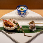 渋谷 鮨 清水 - 鯛の子の炊いたの 茗荷、蓮根、蛍烏賊 つぶ貝の旨煮