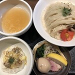 鴨出汁中華蕎麦 麺屋yoshiki - 細塩つけ蕎麦+締めの浅利リゾット