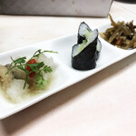 がばちょ - セット（アテ3品+ドリンク1杯/500円） この日のラインナップは、南蛮おろしポン酢、かっぱ巻き、牛キンピラ♡