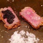 肉 もつ 土穂 - 牛カツにキャビアとレモン塩で♪