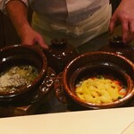 土方 - 桜鯛と干し椎茸のご飯のご飯と名物　雲丹とフルーツトマトのご飯
