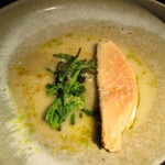 yokoyama - サクラマス ラー油を利かしたホエーと白湯のソース 焼き茄子のソース