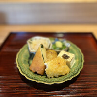 京味 もと井 - 焼き豆腐、春巻き、タイラ貝と切り干し大根、穴子フライ、新じゃがいも、菜の花のレモンソース