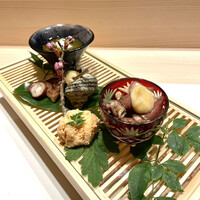 新宿 鮨 よこ田 - 先付①季節の前菜5種盛り蛍烏賊の酢味噌和え、飯蛸、もずく酢神のみ乗せ、鯛子、姫サザエ