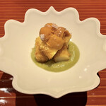 ななにん - 根室 雲丹、ホワイトアスパラ フライ、空豆のソース