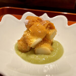 ななにん - 根室 雲丹、ホワイトアスパラ フライ、空豆のソース