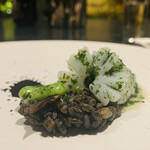 イチリン ハナレ - ⑥ アオリイカの大葉炒め、ワタ+ゲソの烏賊墨リゾット