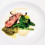 La Brianza - スルメイカグリル無農薬カラフルトマト菜の花チェラムーラフェンネル。チェラムーラの風味香りとフェンネルの滑らかさがいい感じ、スルメイカの焼き香ばしくてやわらか美味しかったです