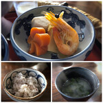 Minou Saryou - ◆共通・・煮物もお味がよく浸みていて美味しい。 雑穀ご飯は少な目でしたので、半分夫へ。お味噌汁にはワカメなどが入り、いいお味。