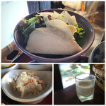 Minou Saryou - ◆共通・・サラダには鶏ハムのせ。卯の花は優しい味。杏仁豆腐。