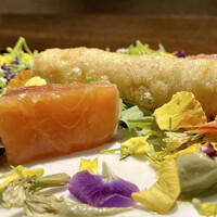 デンクシフロリ - サーモン 山菜 湯葉
                    山菜を湯葉で巻いたフリットに、サーモンはスモークしているのかな？
                    ソースはグリーンオリーブ。
                    説明がすっかり私の頭から飛んでました(⌒-⌒; )
                    色とりどりの花はサラダの様です♪