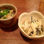 Hachinowa - お通し、フグ皮の柚子和え。ヒラメのエンガワ