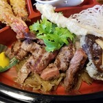 西洋膳処 まえだ - 飛騨牛の赤身(モモ肉)のステーキと野菜の天ぷら。