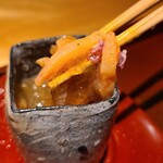 馳走 啐啄一十  - ⑩赤貝(山口県岩国産)の出汁ジュレ掛け
      産卵期は初夏～夏、旬は冬~春
      瀬戸内海産の貝類や雲丹は日本海や大平洋側に比べると味わいが穏やか
      閖上の様な個性は無いが、臭み無く食べ易い