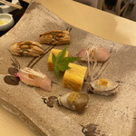 やま中・本店　鮨と日本料理　 - 穴子、アワビカラスミがけ、ヒラマサ、卵