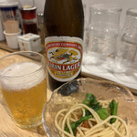 らーめん天神下 大喜 - ビール小ビンとお通しの冷製パスタ