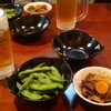 三船 - 晩酌セット(飲み物2杯、もつ串2本、もつ煮、枝豆)税込1,320円