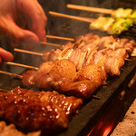 Assortment of five Yakitori (grilled chicken skewers) pieces