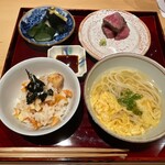 銀座 しのはら - 筍と桜海老、ホタテのご飯、木の芽　ニュー麺　香の物　追加の牛ヒレ肉