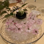日光金谷ホテル - グランデセール　春菊のシフォンにバタークリームを挟んで　下はスタッフの家の庭で摘んだ、八重桜　その中に　桜のブランマンジェが隠れてまーす。