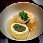 道人 - 桜海老真丈　青干しゼンマイの湯葉巻。この炊き合わせにもどれだけの手間のかかっていることか。素晴らしく美味。