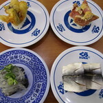 無添くら寿司 - 活〆穴子天握り一貫、あぶりたらこチーズ、佐田岬 生しらす軍艦、こはだ丸にぎり